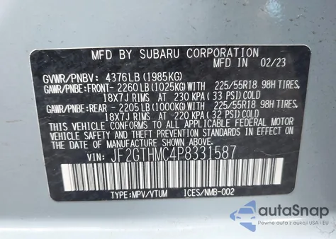 2023 Subaru Crosstrek Limited z USA, uszkodzony, nr VIN JF2GTHMC4P8331587